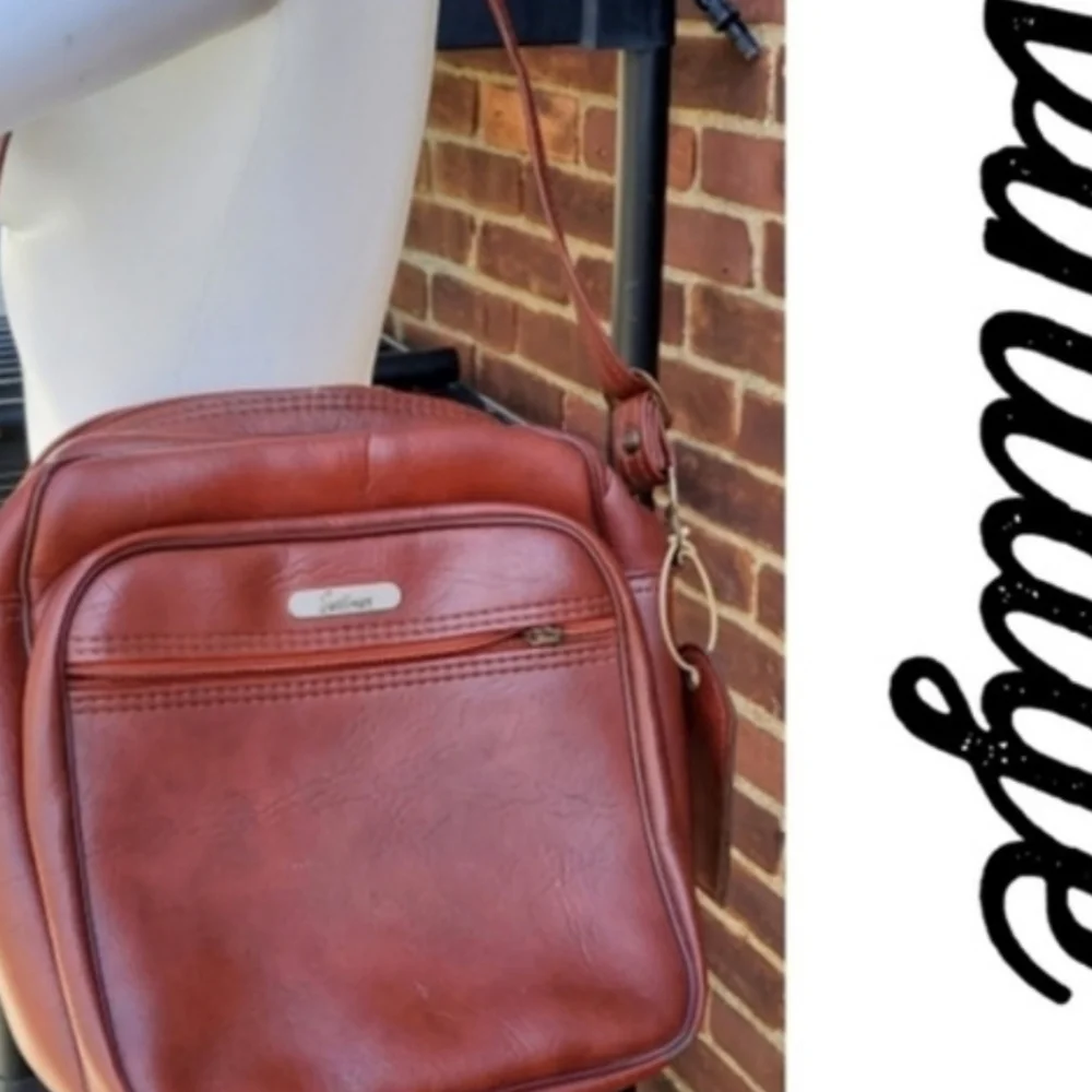 Vintage Jetliner Cognac Brown Leather Crossbody Bag Retro Travel Camera Purse